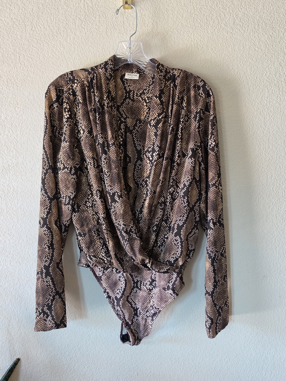 Snake Print Surplice Bodysuit Top in Brown